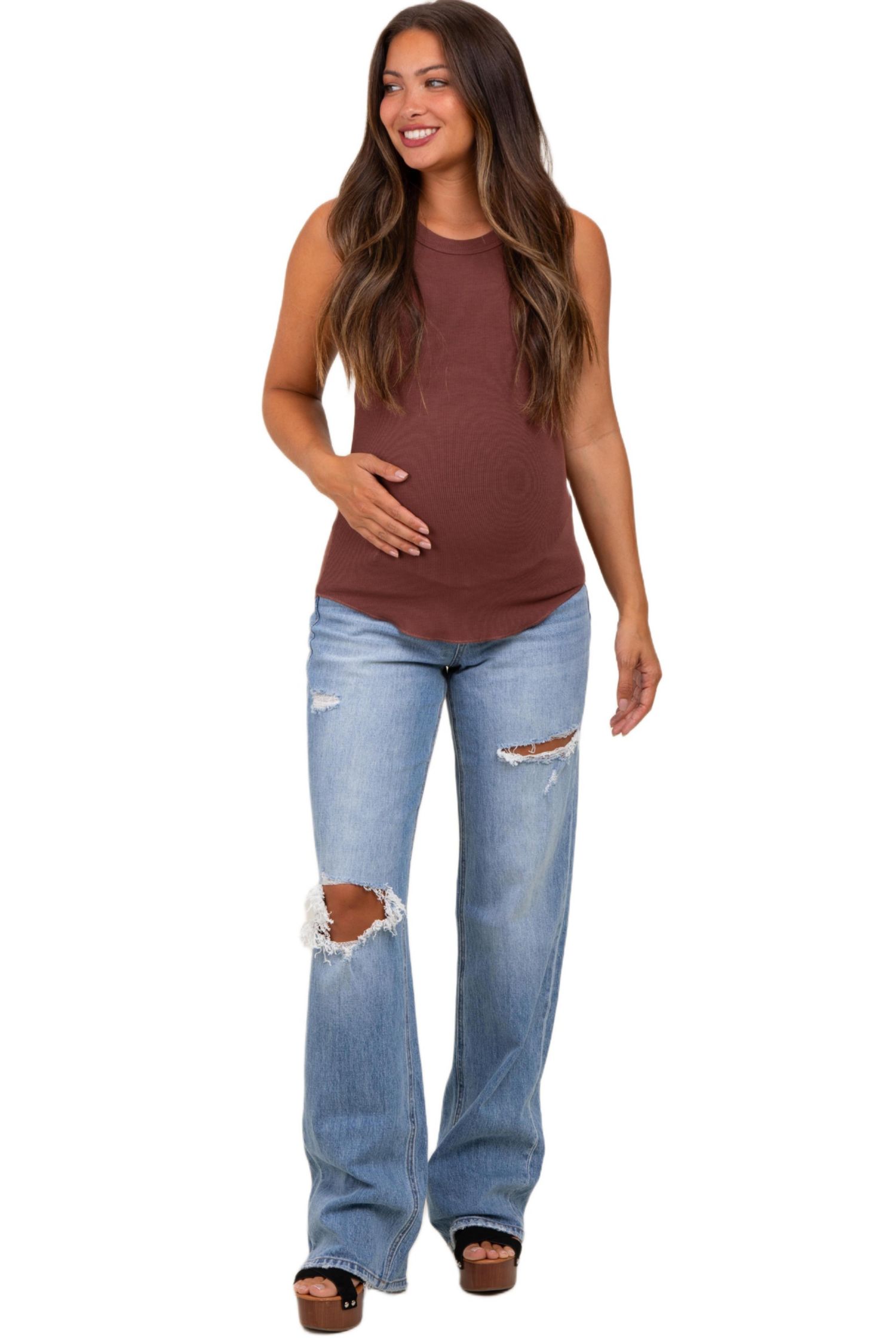Women's Light Blue Distressed Open Knee Straight Leg Jeans