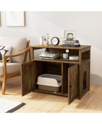 Cat Litter Box Enclosure with Double Barn Doors, Divider, Side Entry and Storage Shelf