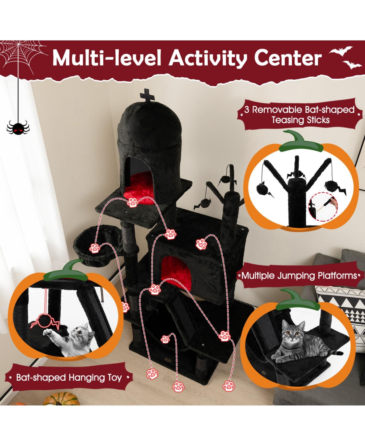 Skonyon Gothic Cat Tree with 2 Cat Condos and Spooky Dangling Ball for Indoor Cats