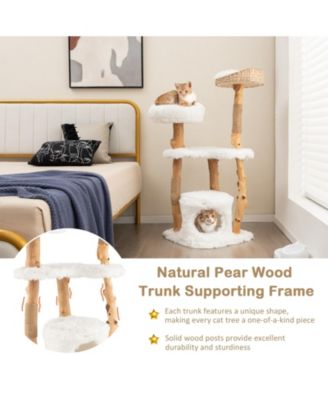 Solid Wood Cat Tower with Top Cattail Basket Cat Bed for Indoor Cats