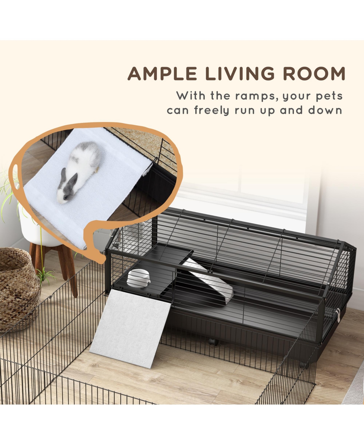 PawHut Small Animal Playpen Cage with Rolling Caster, Water Bottle 46.5"