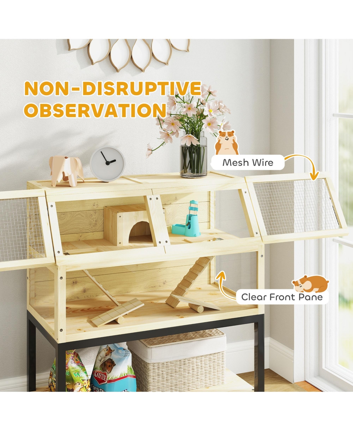 PawHut Hamster Cage on Wheels with Storage Shelf, 34"L x 17"W x 40"H