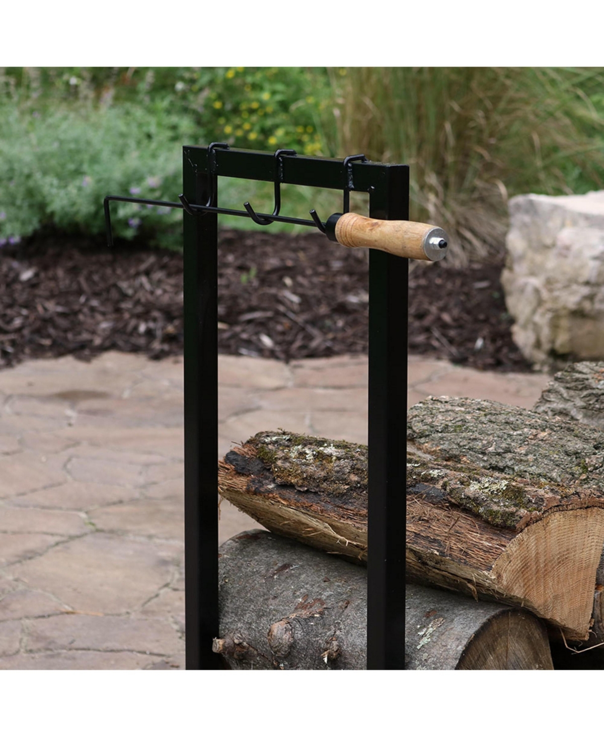 Indoor/Outdoor Steel Fire Pit or Fireplace Firewood Log Rack Holder with Hooks - 30"