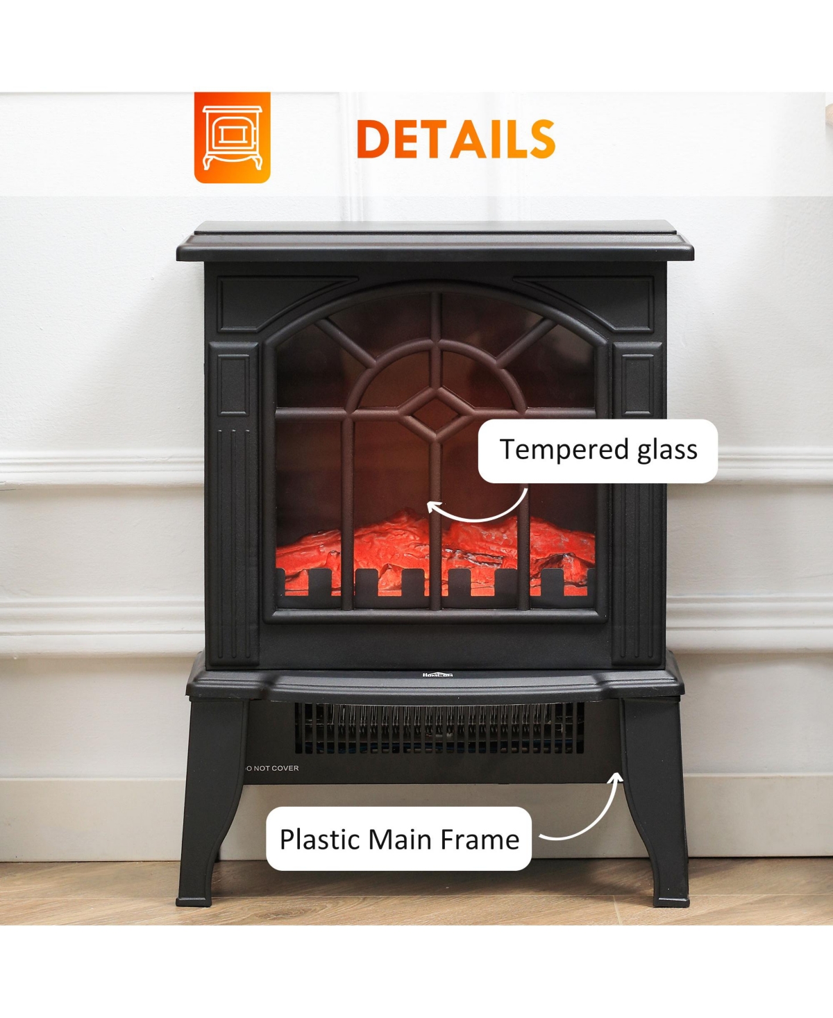 Homcom Freestanding Indoor Electric Heater w/Realistic Flame & 2 Heat Settings