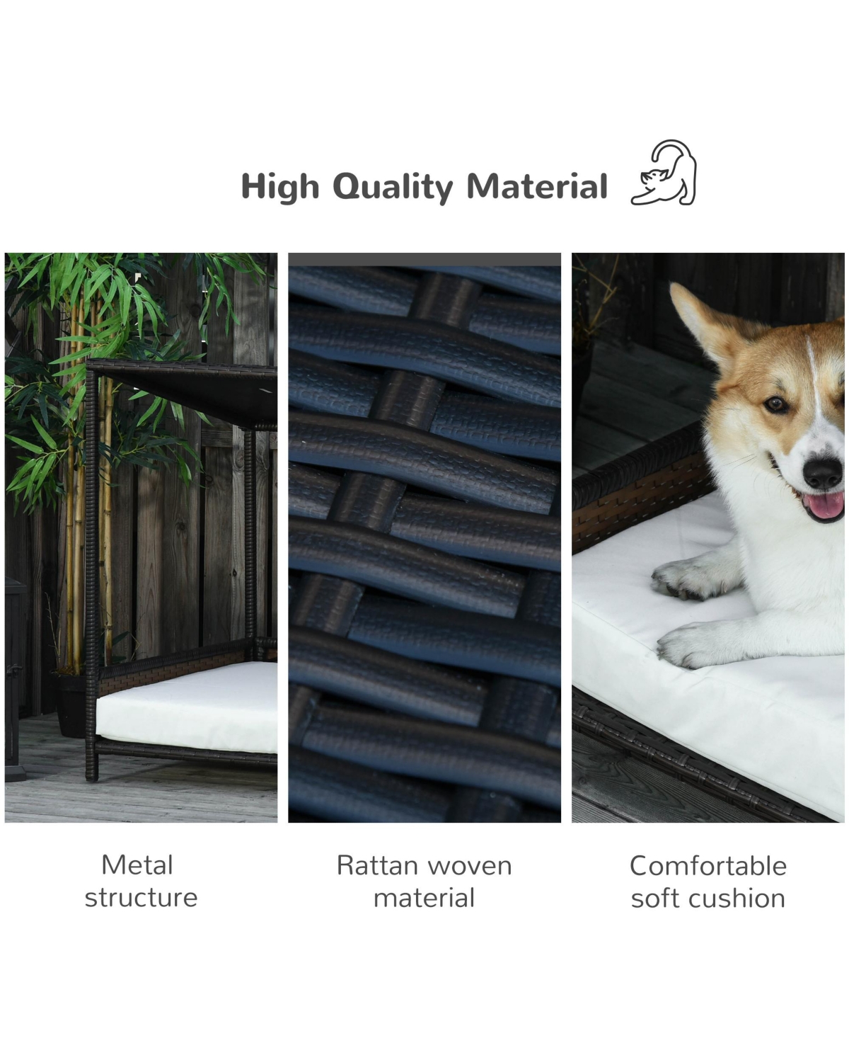 PawHut Rattan Pet Bed with Cushion for Small & Medium pets Brown and White