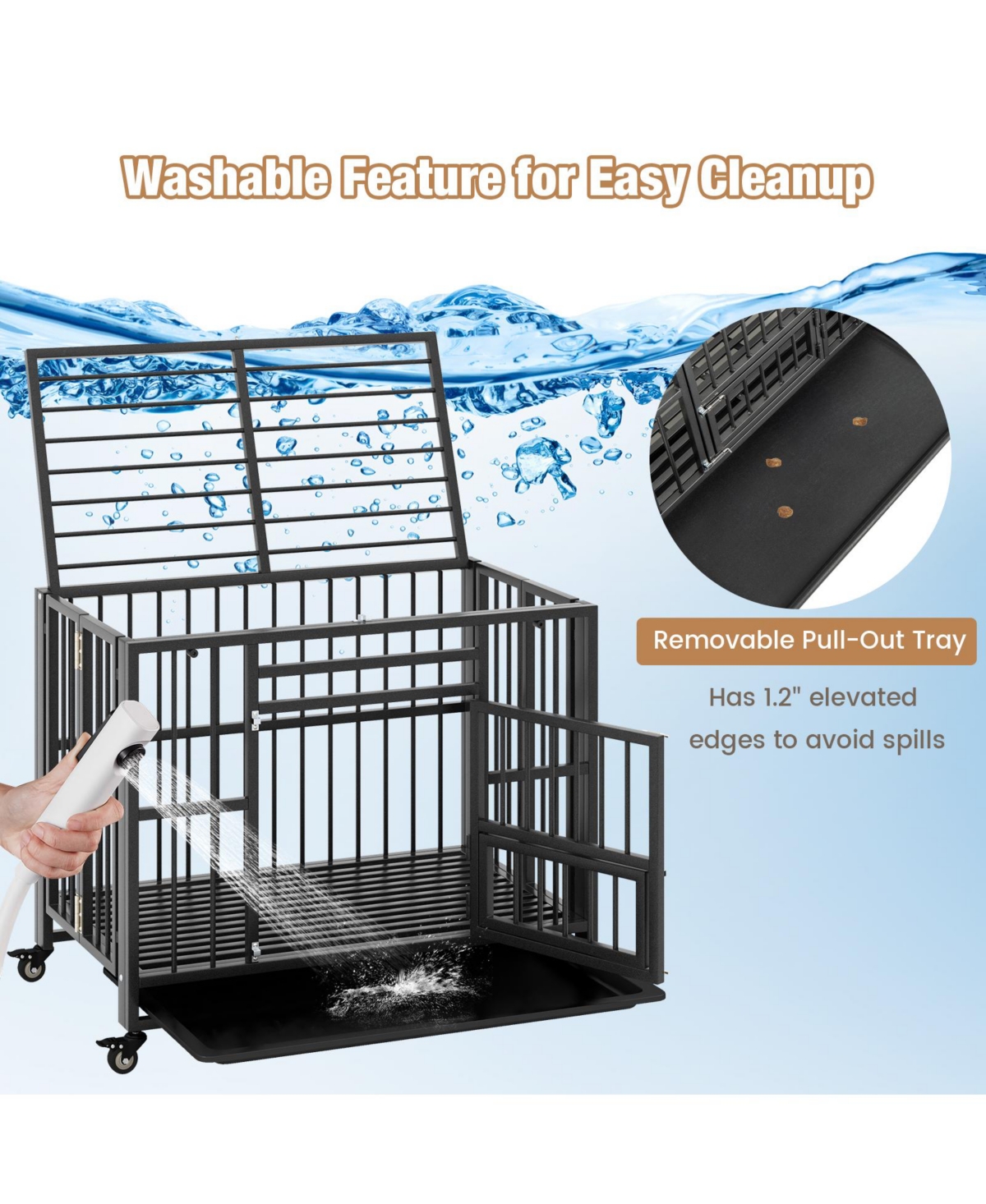 Sugift Foldable Heavy-Duty Metal Dog Cage Chew-proof Dog Crate with Lockable Universal Wheels
