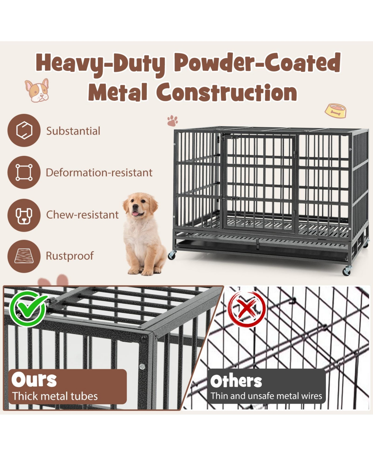 Sugift 48 Inch Foldable Heavy-Duty Metal Dog Cage with Lockable Rolling Casters and Tray-48 inches