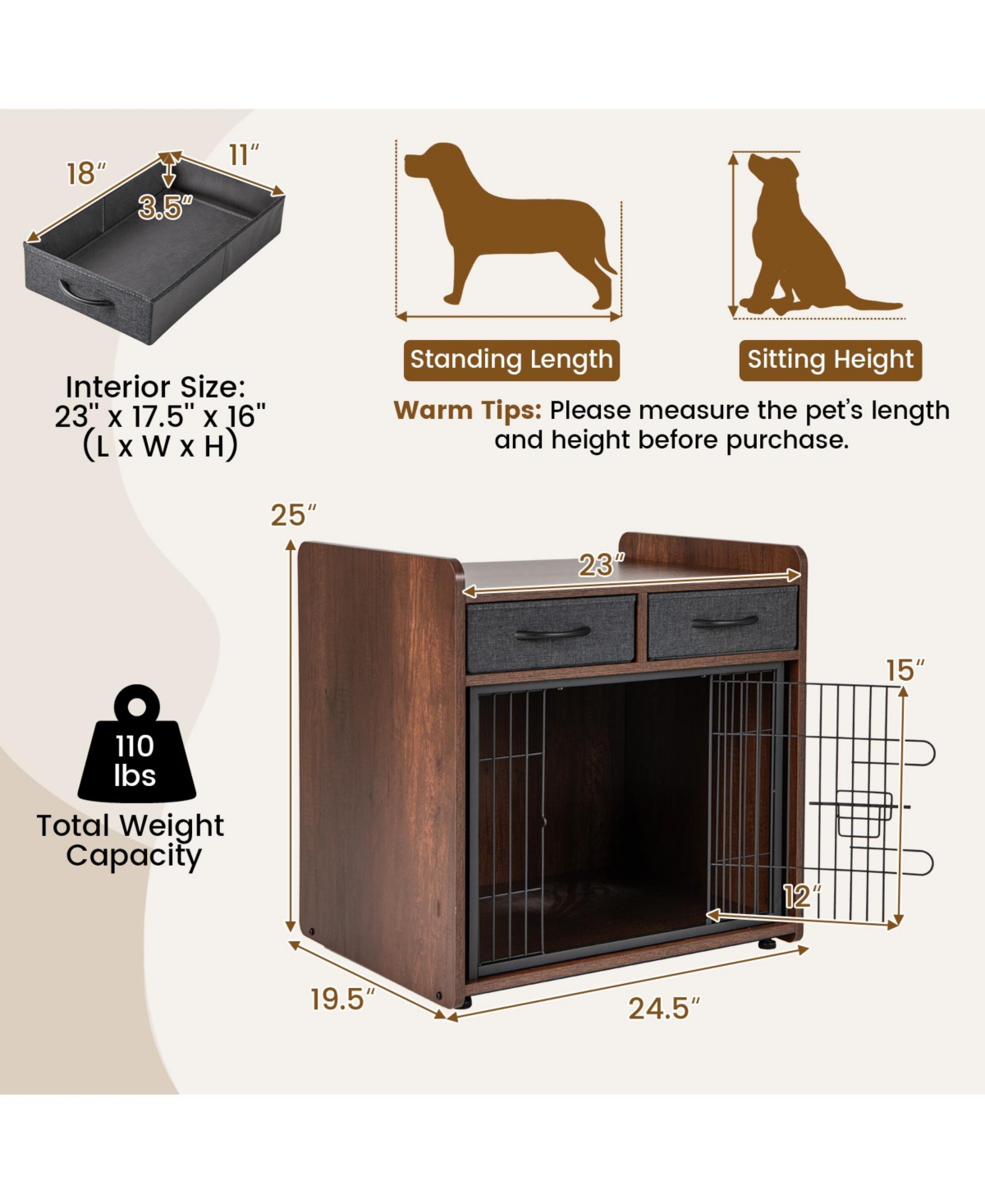 Sugift Dog Crate Furniture Indoor Dog Cage with 2 Fabric Drawers End Table