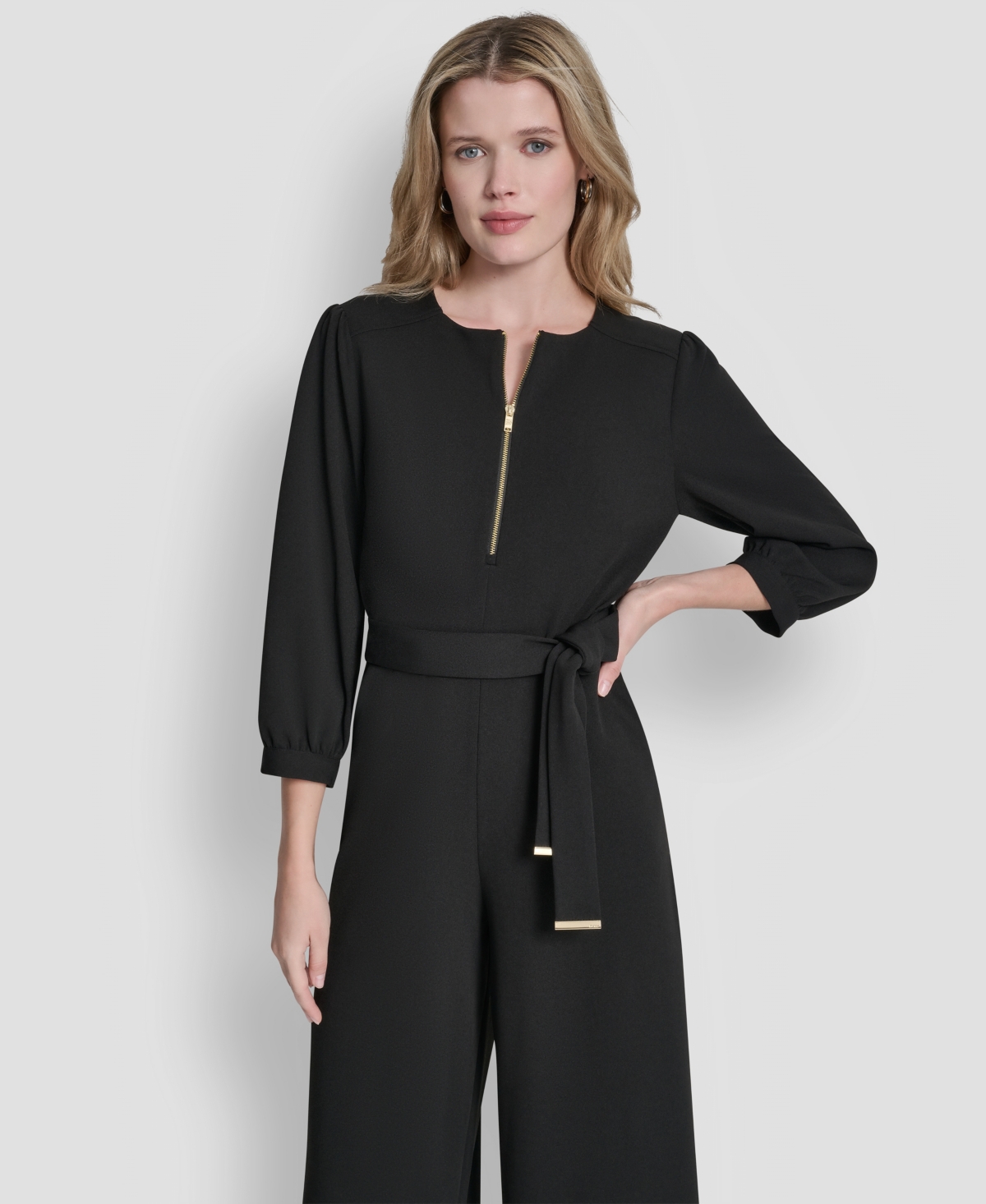 Dkny Women's 3/4 Sleeve Wide Leg Exposed Zipper Jumpsuit In Multi