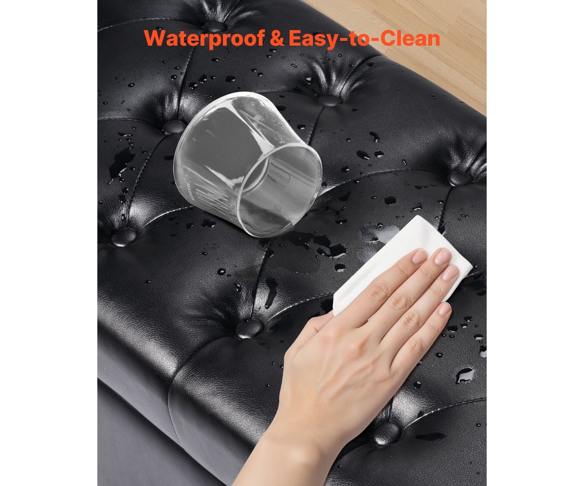 Pu Leather Storage Ottoman Bench Gray with Button-Tufted Design and Wooden Legs