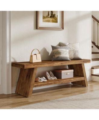 2-Tier Entryway Bench, Hallway Foyer Solid Wood Seating with Open Shelves