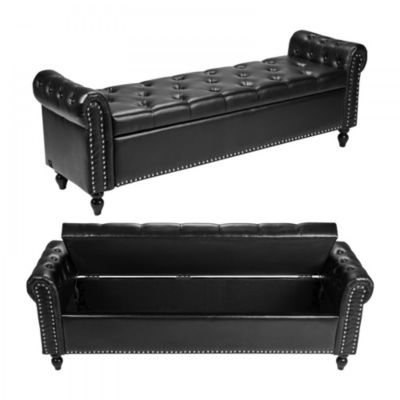 Tufted Storage Bench with Rolled Arms and Wood Legs
