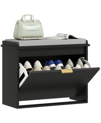 Shoe Bench with Padded Seat and Flip-Drawer for 8 Pairs