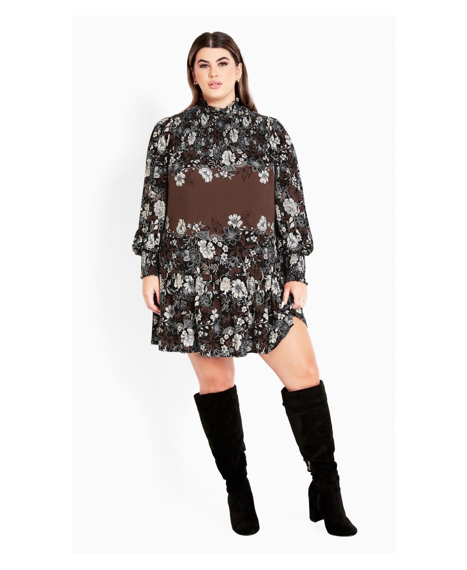 Women's Plus Size Cassia Puff Sleeves Ruffle Placement Dress
