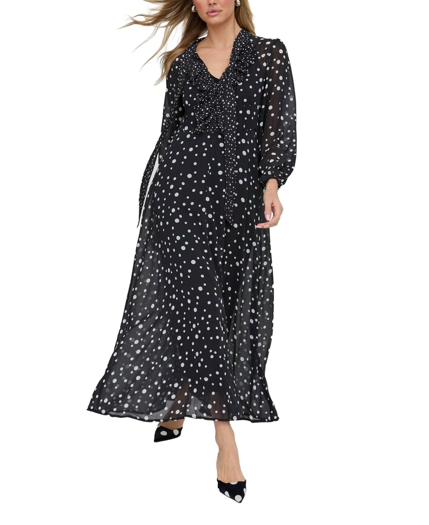 Женское платье Lily and Lionel London Margot Ruffle Neck Spot Print Maxi, цвет: Чёрный — фото 2