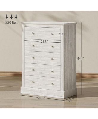 wood construction features five spacious drawers for organized bedroom storage, designed as a functional dresser