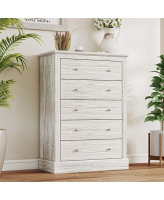 wood construction features five spacious drawers for organized bedroom storage, designed as a functional dresser
