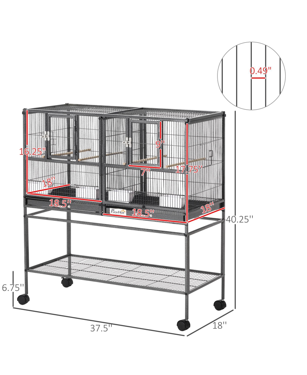 PawHut Double Rolling Bird Cage with Removable Metal Tray and Storage Shelf