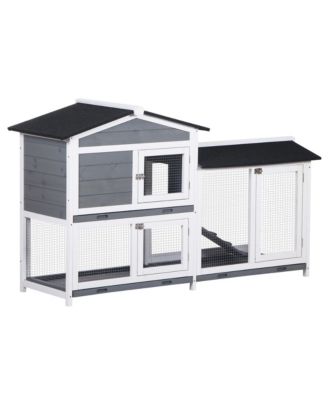 2-tier Wood Backyard Bunny Cage Small Animal House w/Ramp&Outdoor Run