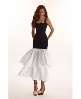 Women's Black Fitted Maxi Dress With Puffy Tiered Skirt