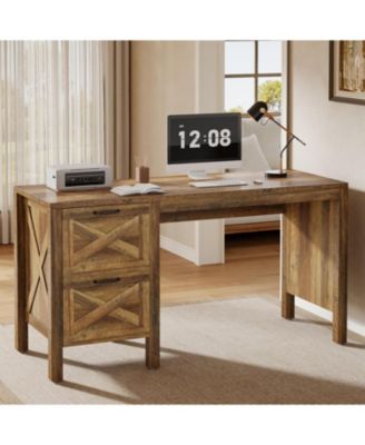 55.12-Inch Gaming Table, Computer Desk with 2 Drawers, Farmhouse Home Office Desk