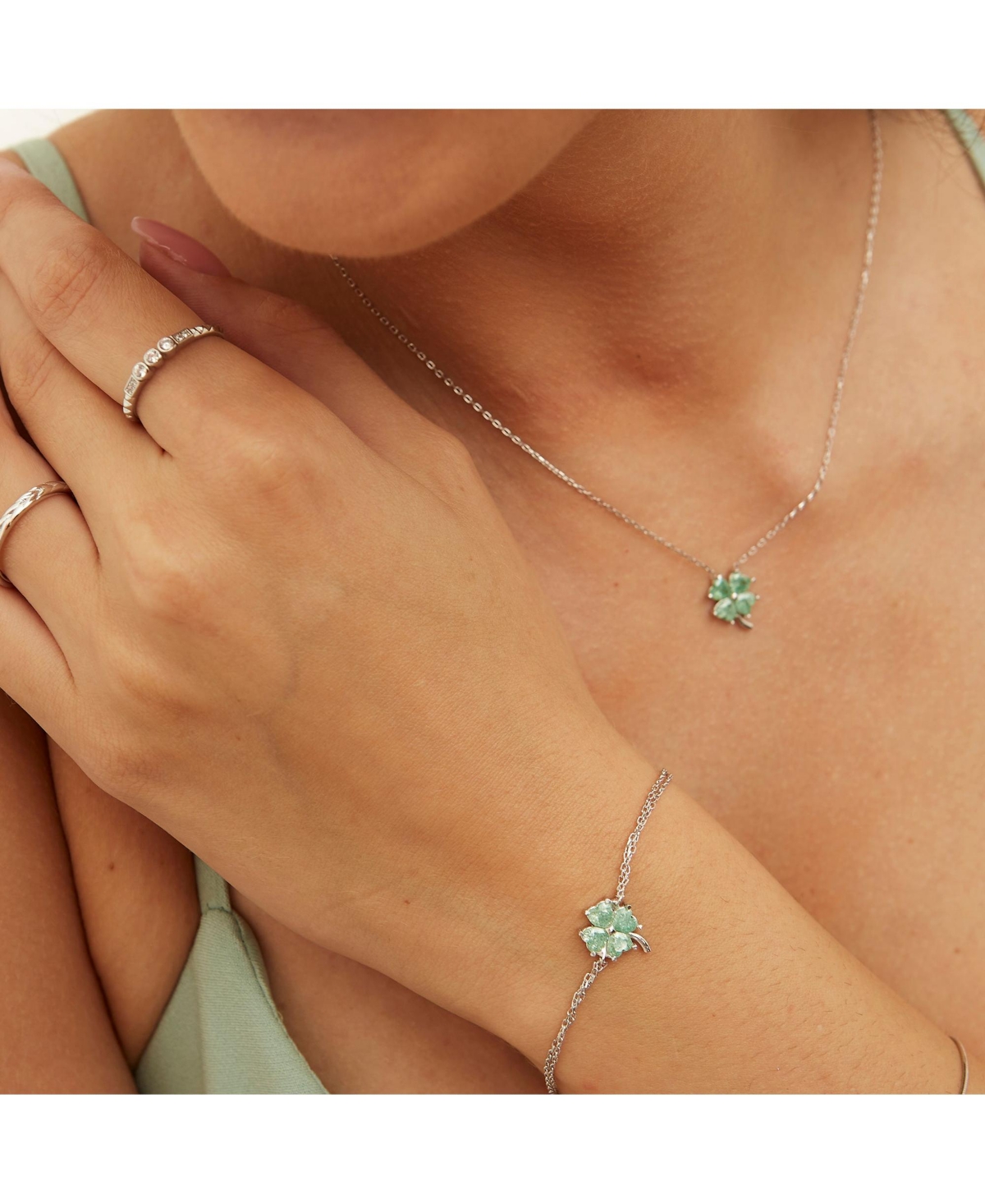 Sterling Silver Four Leaves Clover Bracelet - Green
