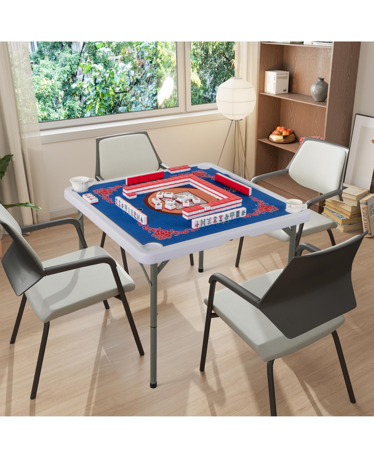 Portable Folding Mahjong Table with Cup Holders & Game Mat