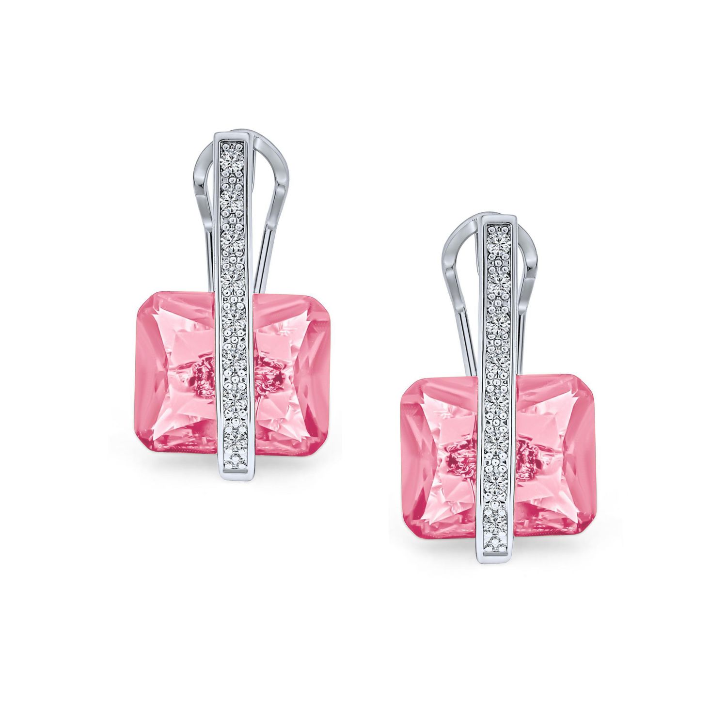 Art Deco Style Pink and Blue Rectangle CZ Drop Cocktail Earrings Silver