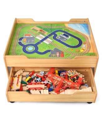 Children's Wooden Railway Set Table with 100 Pieces Storage Drawers