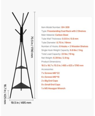 Freestanding Design Coat Rack Stand with 2 Storage Shelves, 6 Hooks