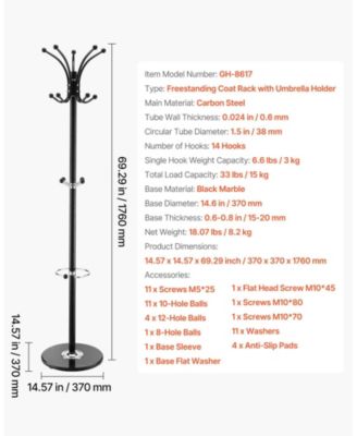 Freestanding Coat Rack with Marble Base, Umbrella Holder, and 14 Hooks