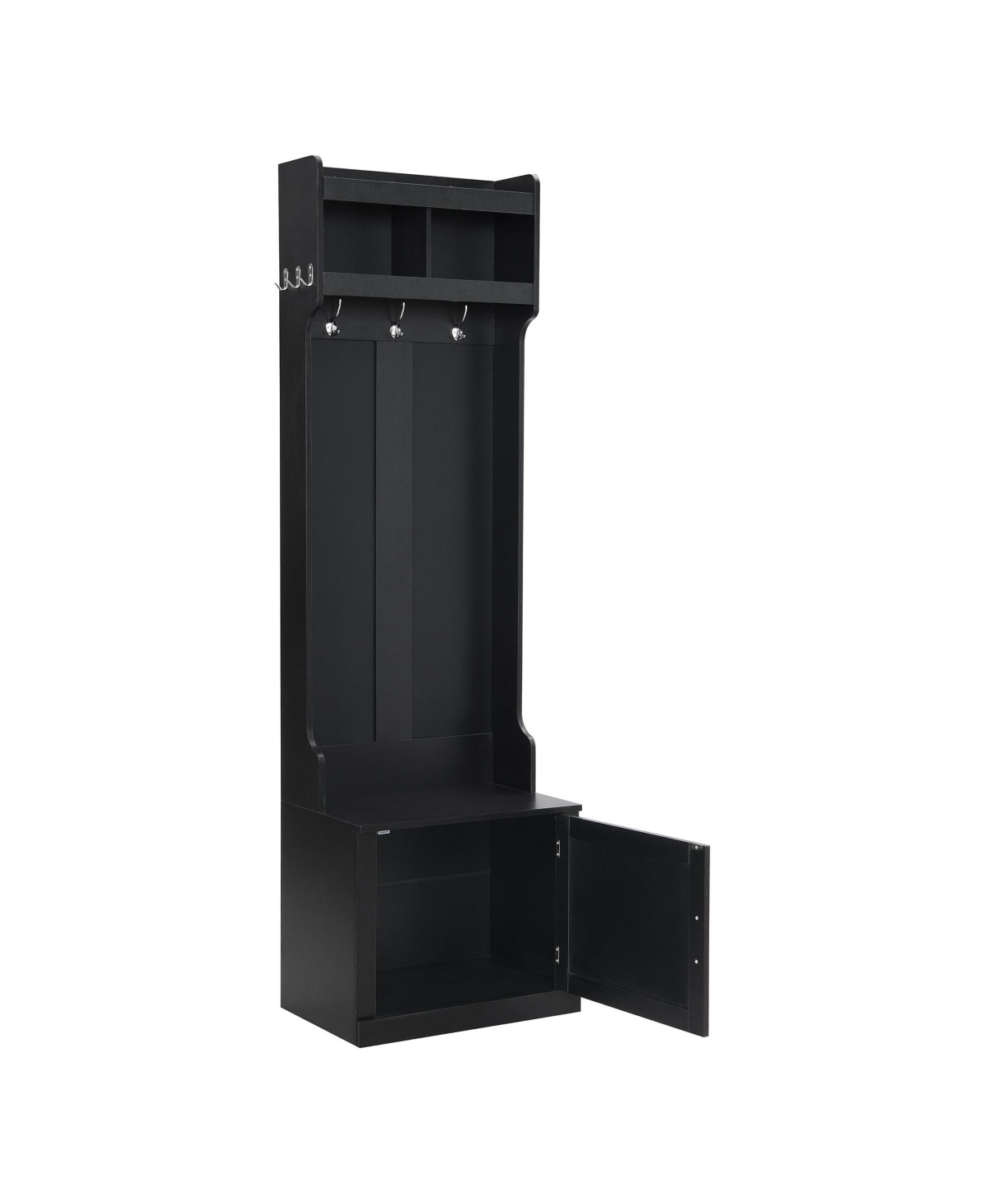 Clihome Slim Hall Tree with Cabinet and 6 Hooks, Minimalist Black Wood/Metal Foyer Organizer