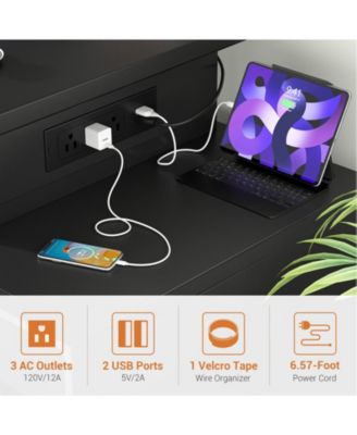 Gaming Desk with 2 Fabric Drawers and LED Lights, Reversible Computer Desk with Outlets & DIY Pegboard