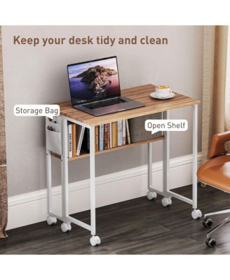 Small Folding Desk Foldable Computer Desk with Shelf Wheels