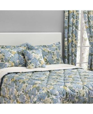 Ellis Hydrangea Classic Pattern Printed 1.5" Rod Pocket Window Tailored Pair with Ties 68"x72" Blue