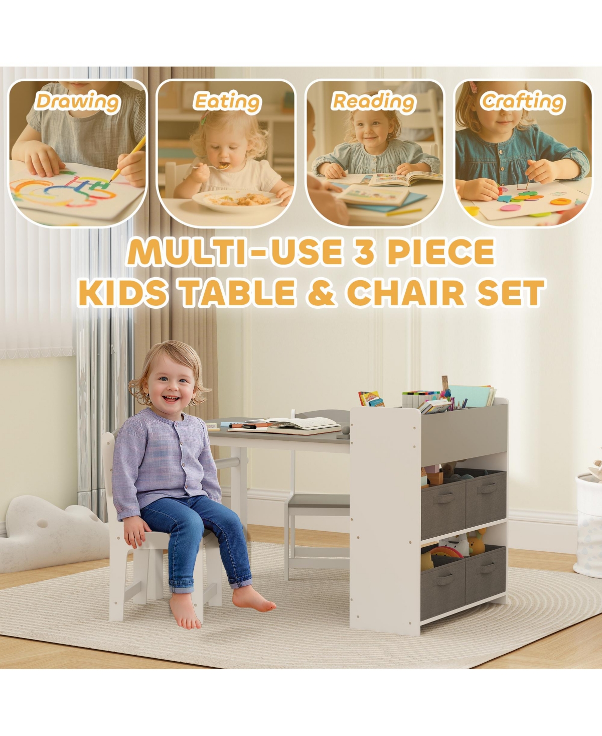 Qaba Kids Desk and Chair Set, Activity Craft Table for 3-8, Natural Wood
