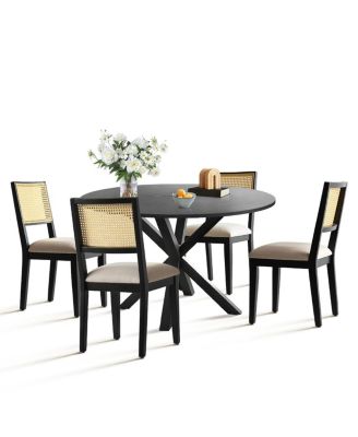 5-Piece Black Round Dining Set, MDF Table with Faux Rattan Back Chairs and Upholstered Seats Apartment Small Dining Room-Maison Boucle