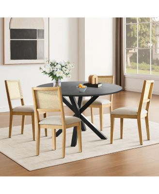 5-Piece Black Round Dining Set, MDF Table with Faux Rattan Back Chairs and Upholstered Seats Apartment Small Dining Room-Maison Boucle
