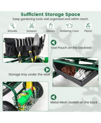 Cushioned Rolling Garden Cart Scooter with Storage Basket and Tool Pouch