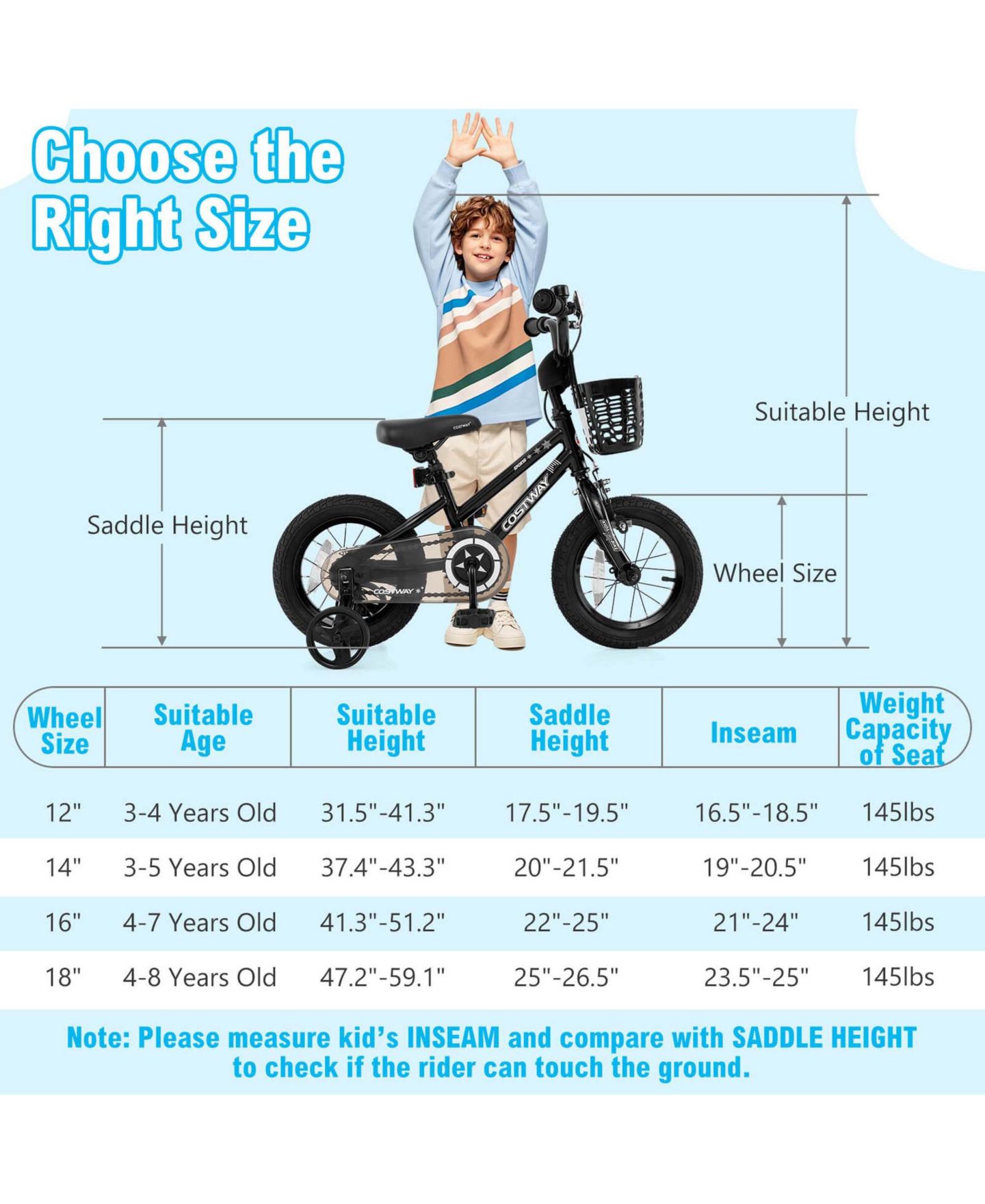Детская игрушка Costway 12" Kids' Bike with Training Wheels, Adjustable Handlebar & Seat, 145 lbs. Capacity, Ages 3-4, цвет: Чёрный — фото 8
