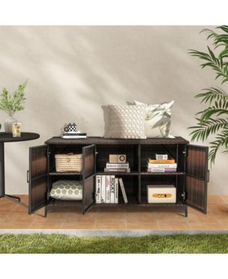 Sugfit 84 Gallon Patio Wicker Deck Box 3-Door PE Rattan Storage Container with Removable Shelves-Brown