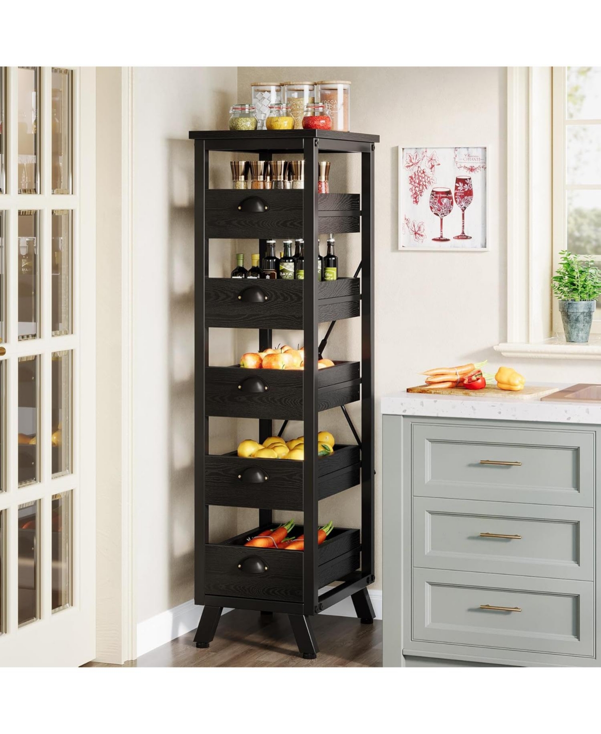 Tribesigns 5-Tier Narrow Snack Stand Kitchen Stand Fruit Basket,Wood Fruit and Vegetable Storage Rack