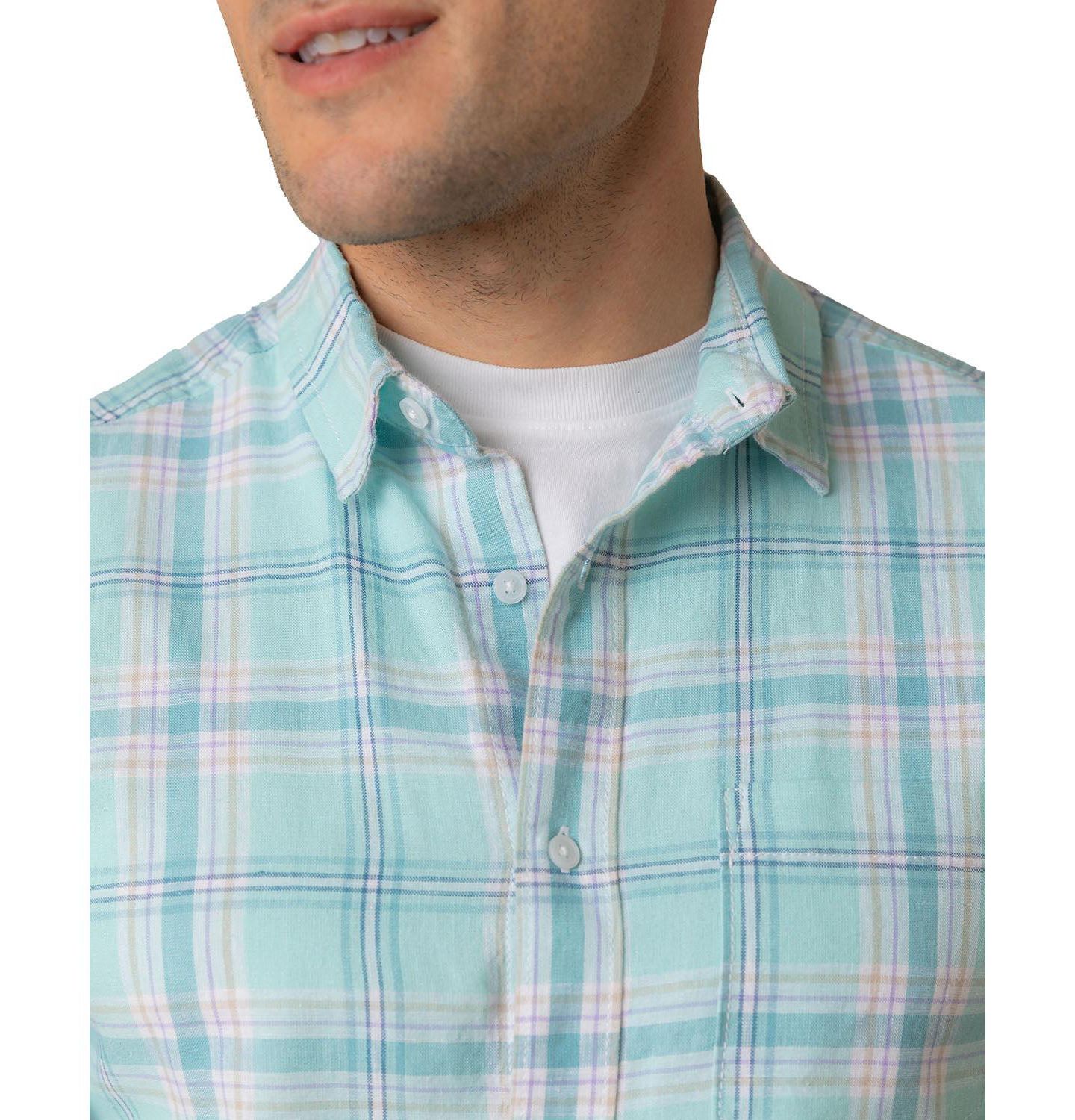 Мужская рубашка Hope & Henry Linen Long Sleeve Button Down, цвет: Чайный синий клетчатый — фото 2