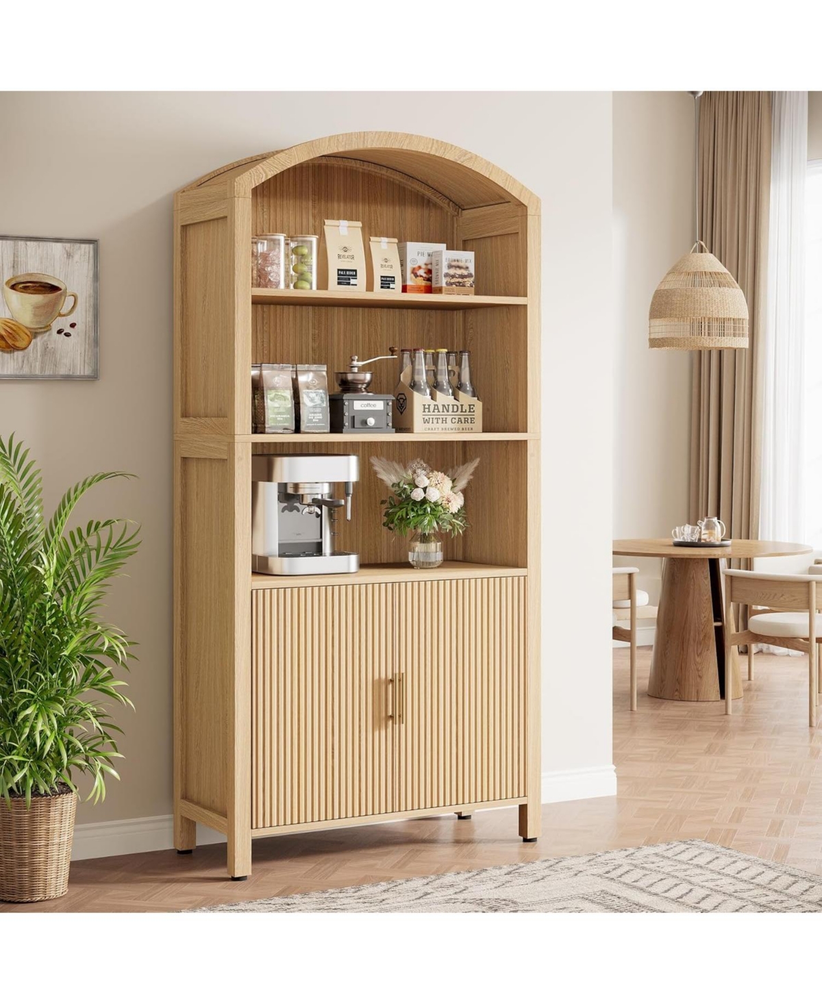 Tribesigns 71" Tall Arched Kitchen Pantry Cabinet with Doors, Fluted Modern 5-Tier Storage Cabinet with Open Shelves
