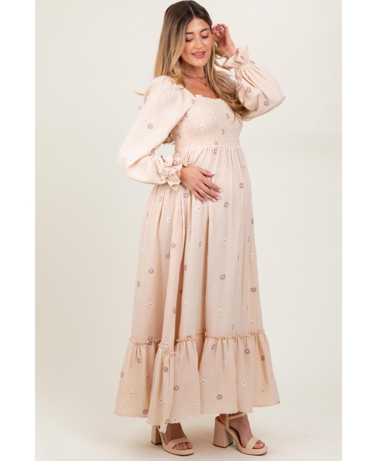 Pinkblush Maternity Grey Taupe Long Sleeve Floral Accent Dress