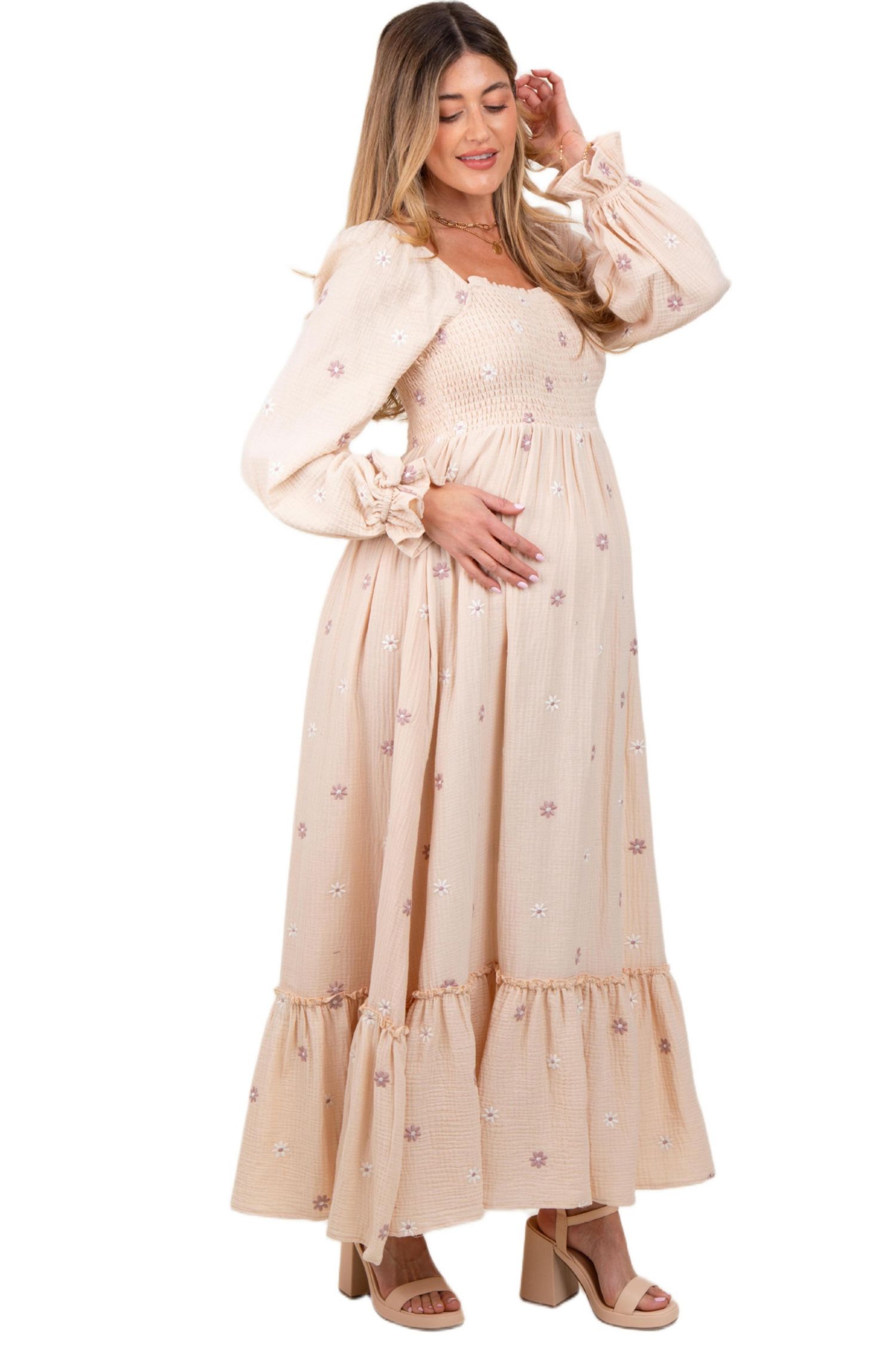 Women's Grey Taupe Long Sleeve Floral Accent Dress