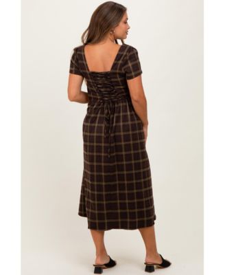 Maternity Brown Plaid Button Down Midi Dress