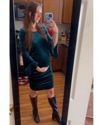 Maternity Forest Green Velvet Ruched Bell Sleeve Dress