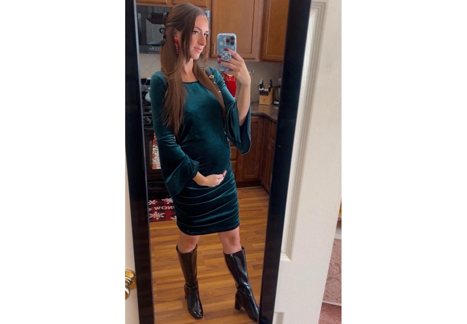 Women's Forest Green Velvet Ruched Bell Sleeve Dress