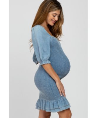 Maternity Light Blue Square Neck Smocked Denim Dress